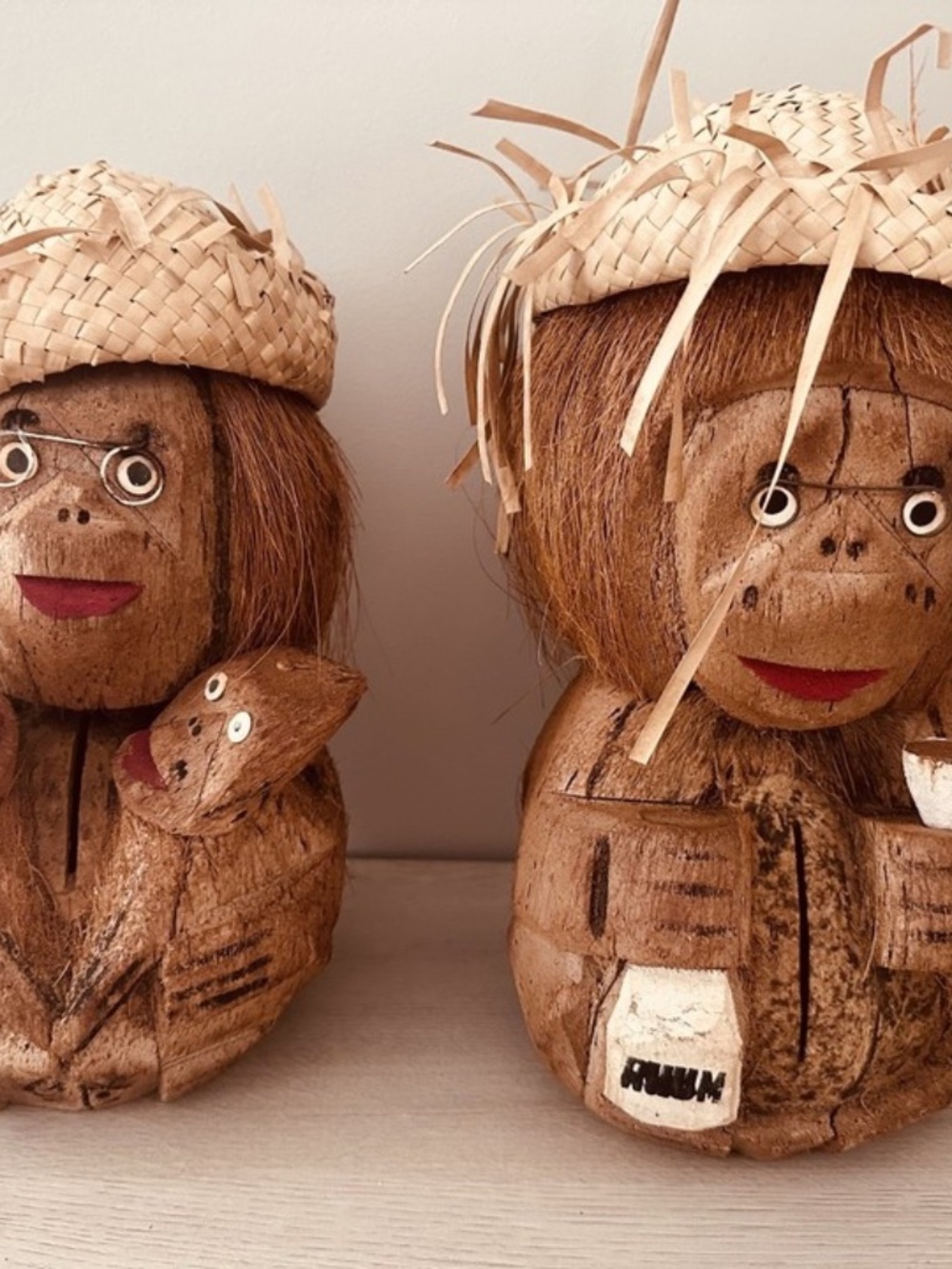 2 (Two) Vintage Hawaiian Coconut Monkeys I Hand Carved Tiki Bar Decor 12" x 5"
